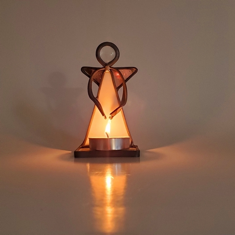 Stained Glass Guardian Angel White Candle | Votive Holder with Mirror Wings